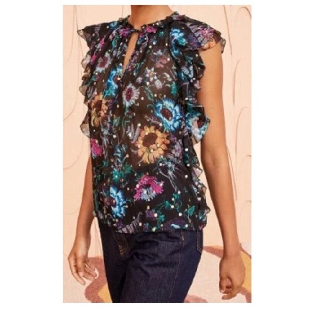 $370 Ulla Johnson Dominique Top in Black Iris Floral Sheer Silk Womens 6